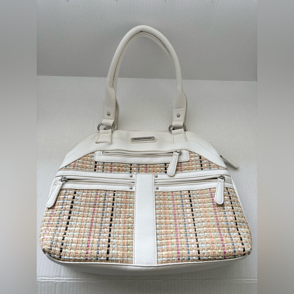 Stone Mountain USA White Woven Tote Bag Multicolor Accents multiple Compartments